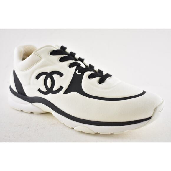 Chanel 20C Men White Black Neoprene CC Logo Low Top Runner Trainer Sneaker 44 11 - Picture 5 of 12